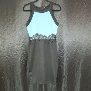 Black and Light Blue Lace-Trim Halter Dress